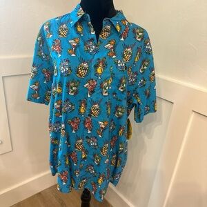 Vibrant Blue Casual Button Down‎ Shirt with Whimsical Print